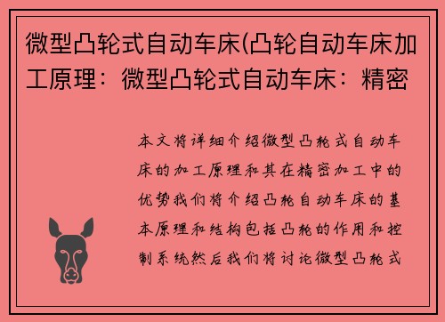 微型凸轮式自动车床(凸轮自动车床加工原理：微型凸轮式自动车床：精密加工的利器)